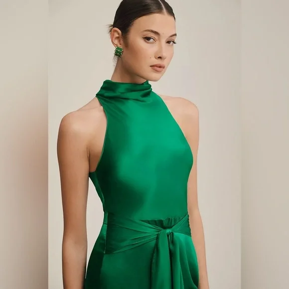 Amanda Uprichard Sandrine Mini Dress in Dark Emerald Green 100% Silk Tie Waist - Picture 8 of 15